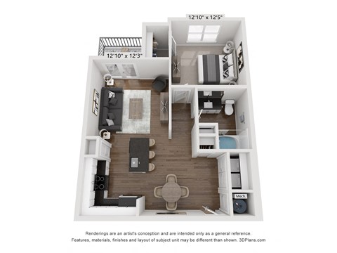 Floor plan for 1 bed, 1 bath, 776 sqft